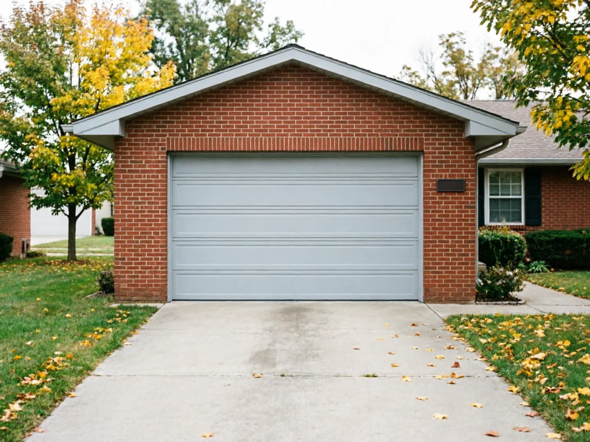 A light gray garage door is on a red brick house with a concrete driveway.